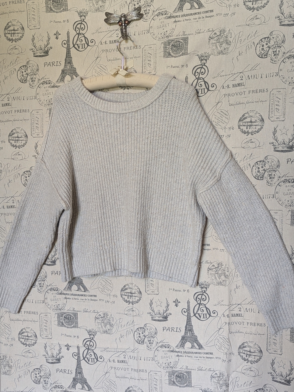 American Eagle Outfitters Light Gray Speckled Cropped Crewneck Sweater Medium